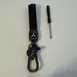 Mitsubishi Key Fob Keychain in Black Leather with Logo NWT